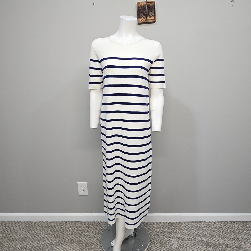 J Crew Sweater Dress Small White Blue Striped Midi Short Sleeve Preppy Old Money